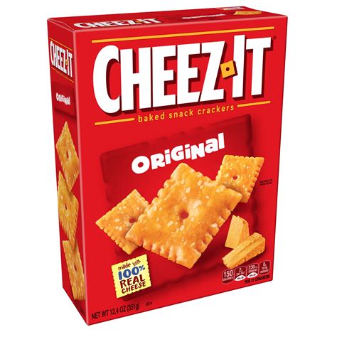 Cheez it - Cheez-It Baked Snack Crackers are made with 100% real cheese that's been carefully aged for a one-of-a-kind taste in every crunchy bite. A baked snack, Cheez-Its are perfect for game time, party spreads, school lunches, late-night snacking and more - the cheesy options are endless. 